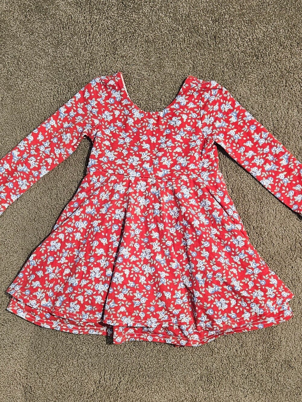 Girls' Red Long-Sleeve Twirl Dress With Blue Flowers